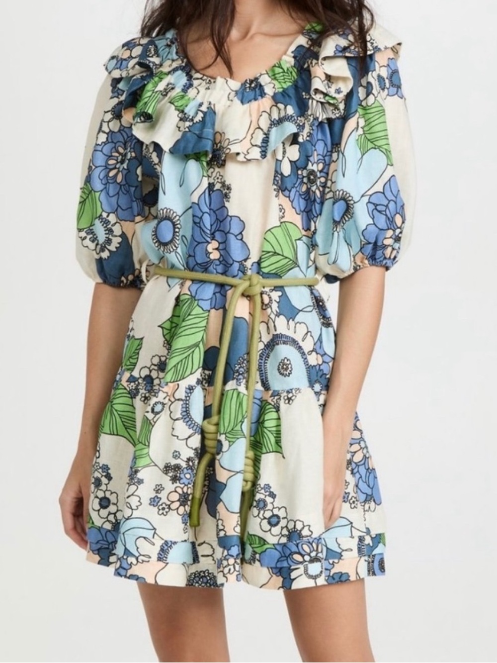 Alemais Cream Mini Dress with Blue & Green Floral Print